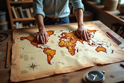 Carte du monde vintage sur table en bois avec boussole et règle, montrant les dimensions des plus grands pays