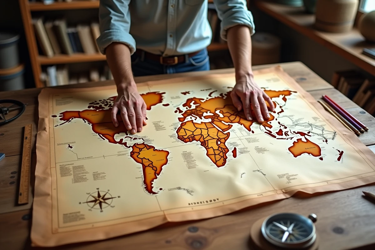 Carte du monde vintage sur table en bois avec boussole et règle, montrant les dimensions des plus grands pays