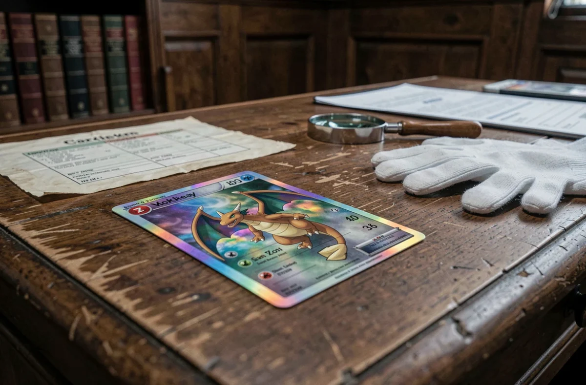 Carte Pokémon Charizard holographique rare posée sur un bureau d'expertise avec loupe et gants blancs