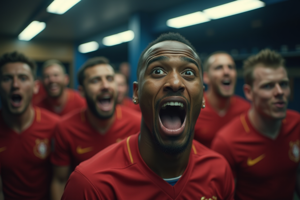 Footballeurs en vestiaire célébrant après un match