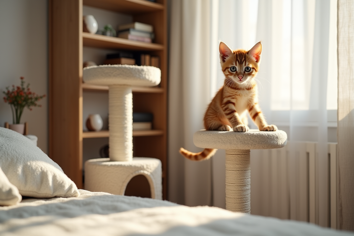 Chambre moderne avec arbre à chat et chaton grignotant