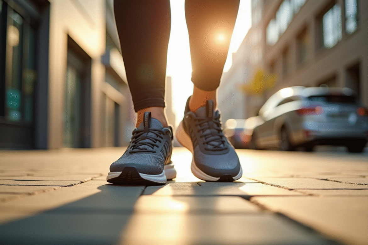 Chaussures de sport marchant sur un trottoir en ville en plein jour