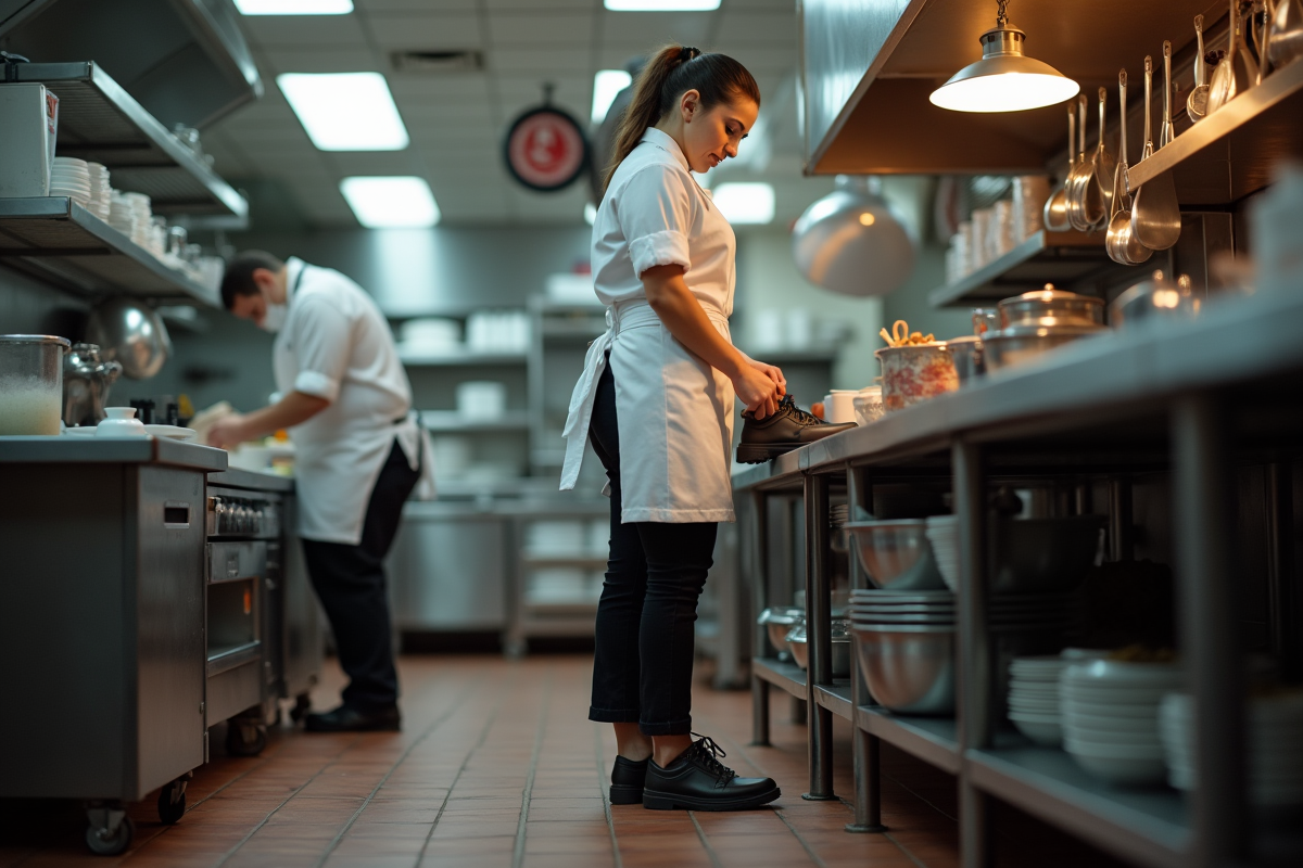 Jeune femme chef attachant ses chaussures antidérapantes en cuisine