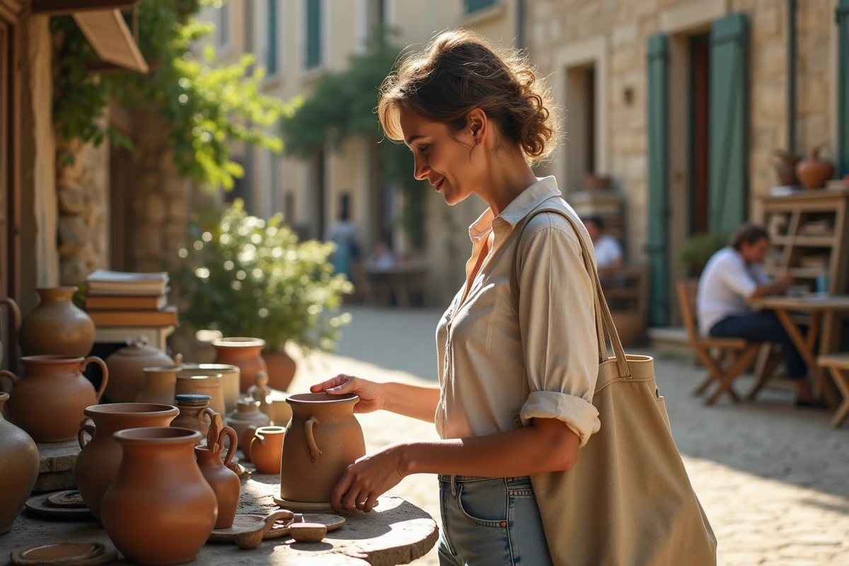 Femme chinant une cruche en céramique sur un vide-greniers en plein air dans le Lot-et-Garonne