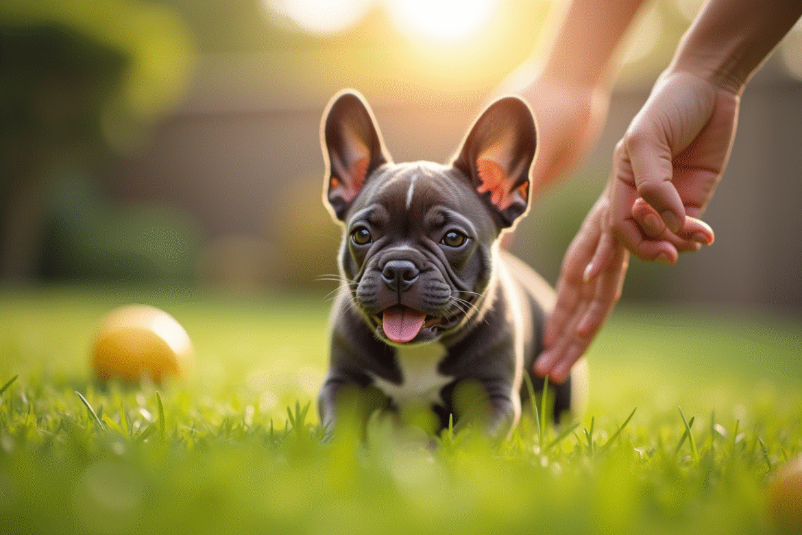 Chiot bulldog français avec un éleveur dans un jardin ensoleille