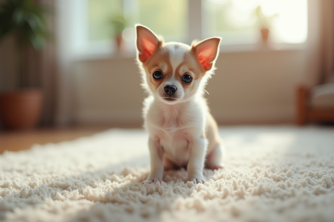 Chiot Chihuahua assis attentivement sur un tapis dans un salon lumineux