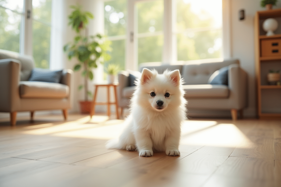 Chiot japonais Spitz assis dans un salon lumineux