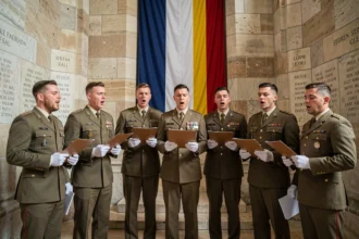 Chœur militaire en tenue de cérémonie chantant dans un mémorial en pierre lors d'un hommage officiel