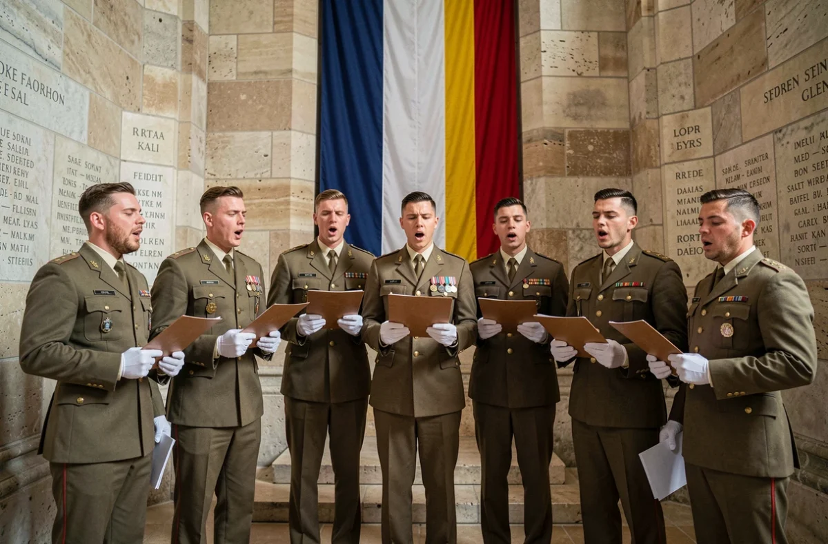 Chœur militaire en tenue de cérémonie chantant dans un mémorial en pierre lors d'un hommage officiel