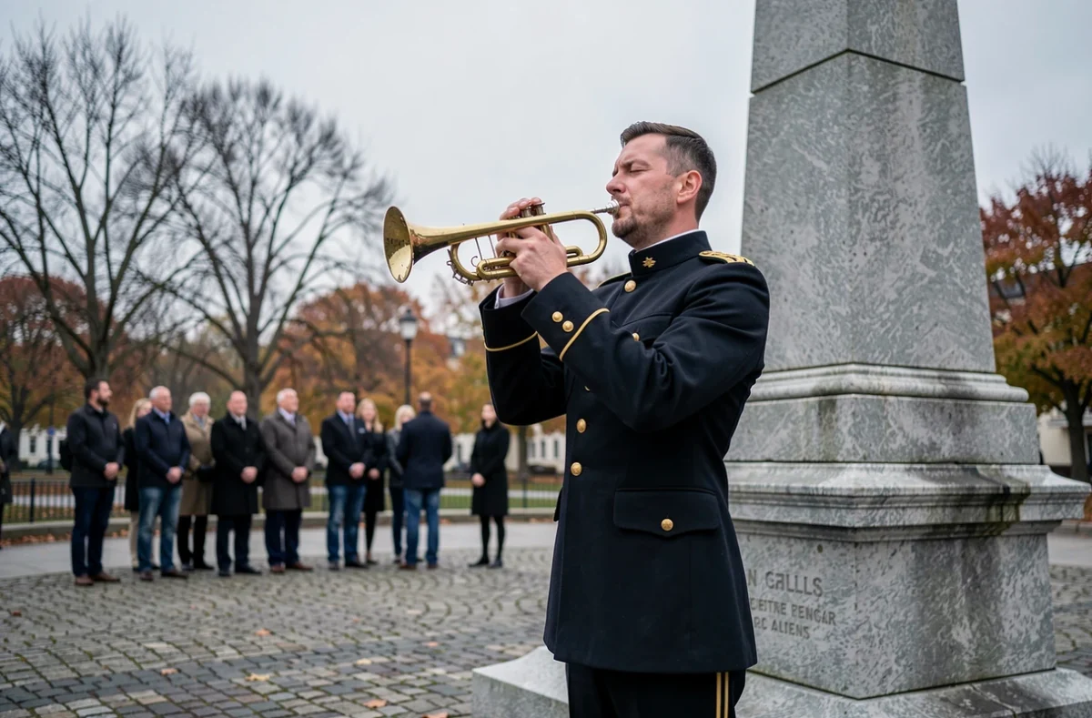 Clairon militaire jouant au garde-à-vous devant un monument aux morts lors d'une cérémonie commémorative