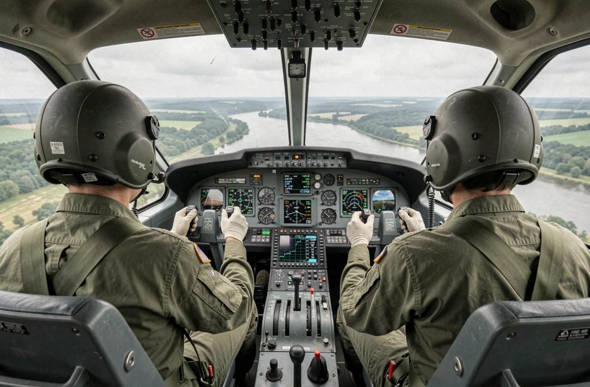 Intérieur du cockpit d'un hélicoptère de l'armée française en mission avec deux pilotes militaires aux commandes au-dessus d'une vallée