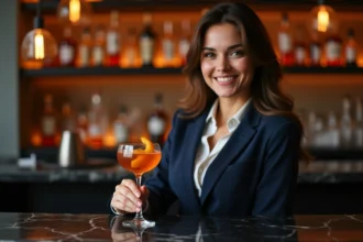 Femme élégante savourant un cocktail au bar avant de prendre le train à Lille