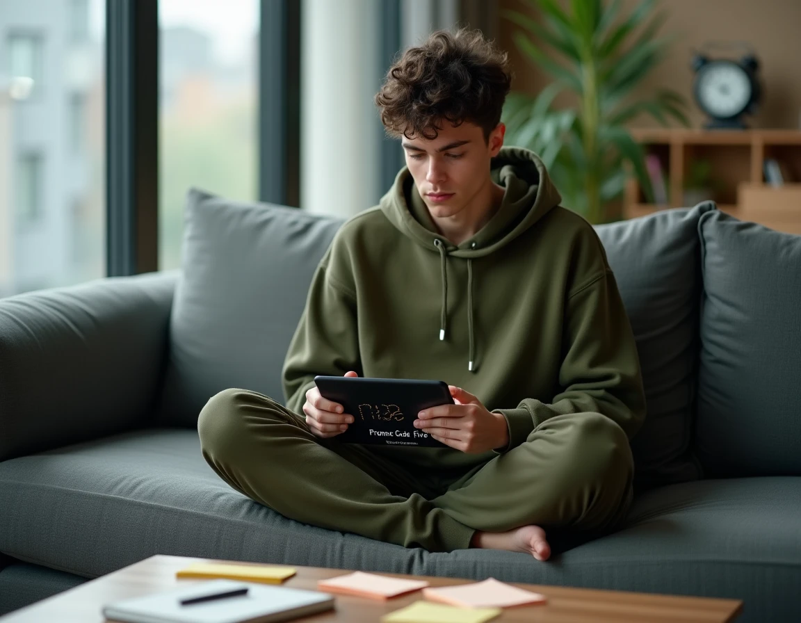 Personne jeune évaluant l'urgence d'utiliser un code Ninja Time avant expiration sur une tablette