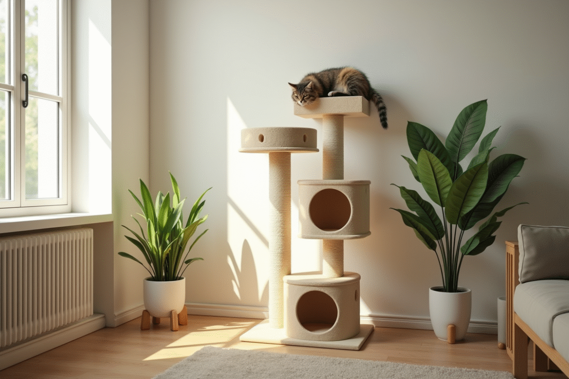 Coin salon avec arbre à chat beige et chat lounging