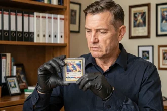 Collectionneur tenant une carte Pokémon rare gradée PSA dans un étui de protection transparent