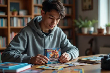 Jeune collectionneur adulte ouvrant un ETB Aventure Ensemble Pokémon sur un bureau en bois entouré de cartes holographiques et d'accessoires de collection
