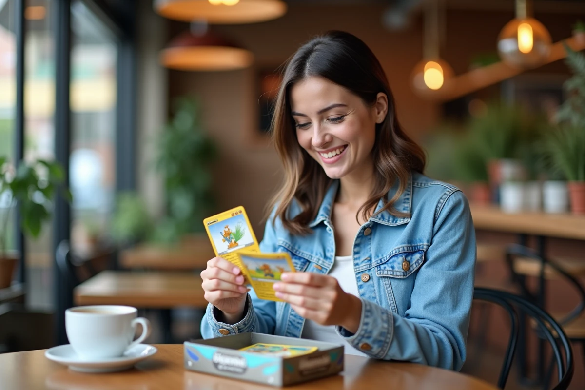 Femme collectionneuse examinant des cartes holographiques Pokémon tirées d'un ETB Aventure Ensemble dans un café urbain tendance