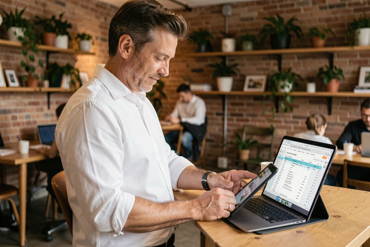 Professionnel consultant un blog de veille réglementaire sur une tablette dans un espace de coworking