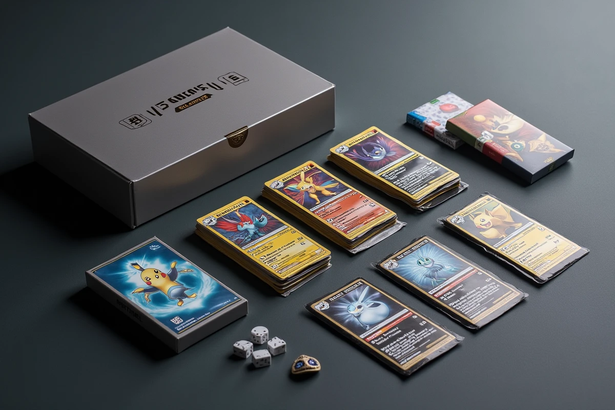 Vue à plat du contenu complet d'un ETB Aventure Ensemble Pokémon déballé, montrant boosters, dés, pin's et accessoires sur fond gris foncé