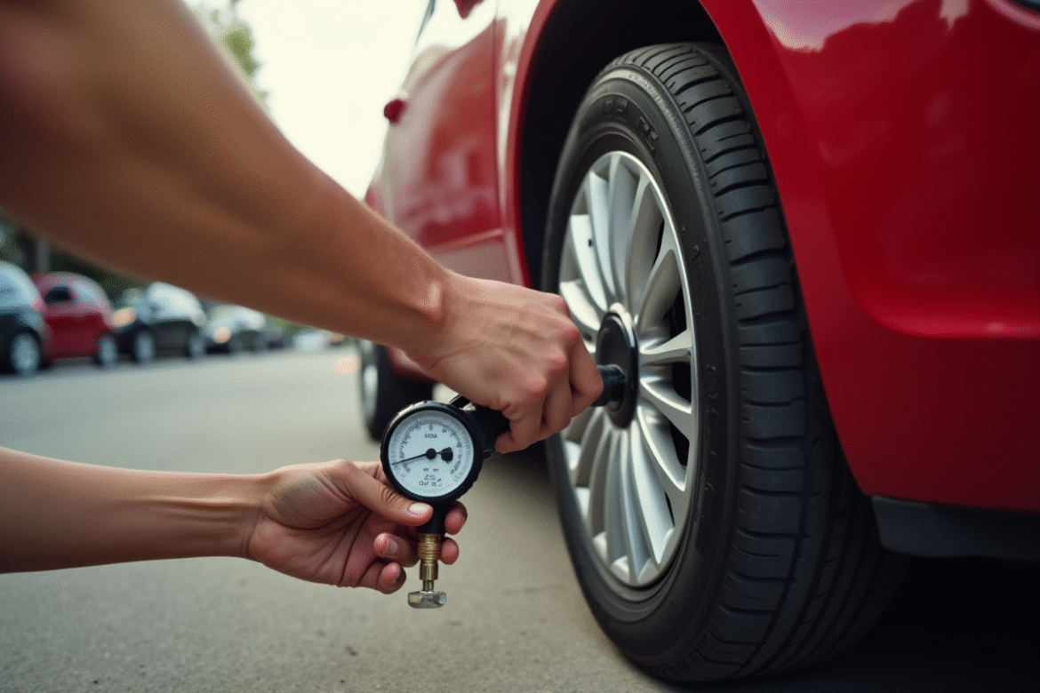 Personne mesurant la pression des pneus d'une Fiat 500 rouge au soleil