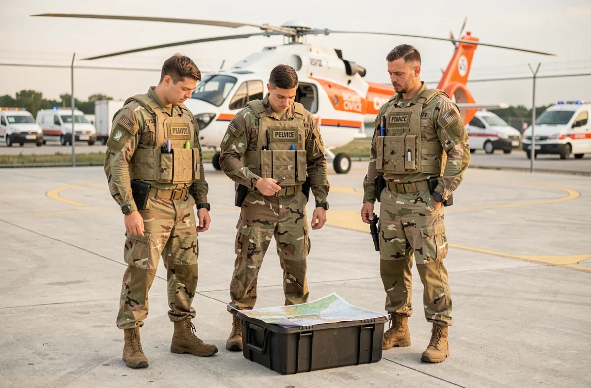 Coordination entre soldats de l'armée française et agents de la sécurité civile lors d'une opération héliportée sur une base d'urgence