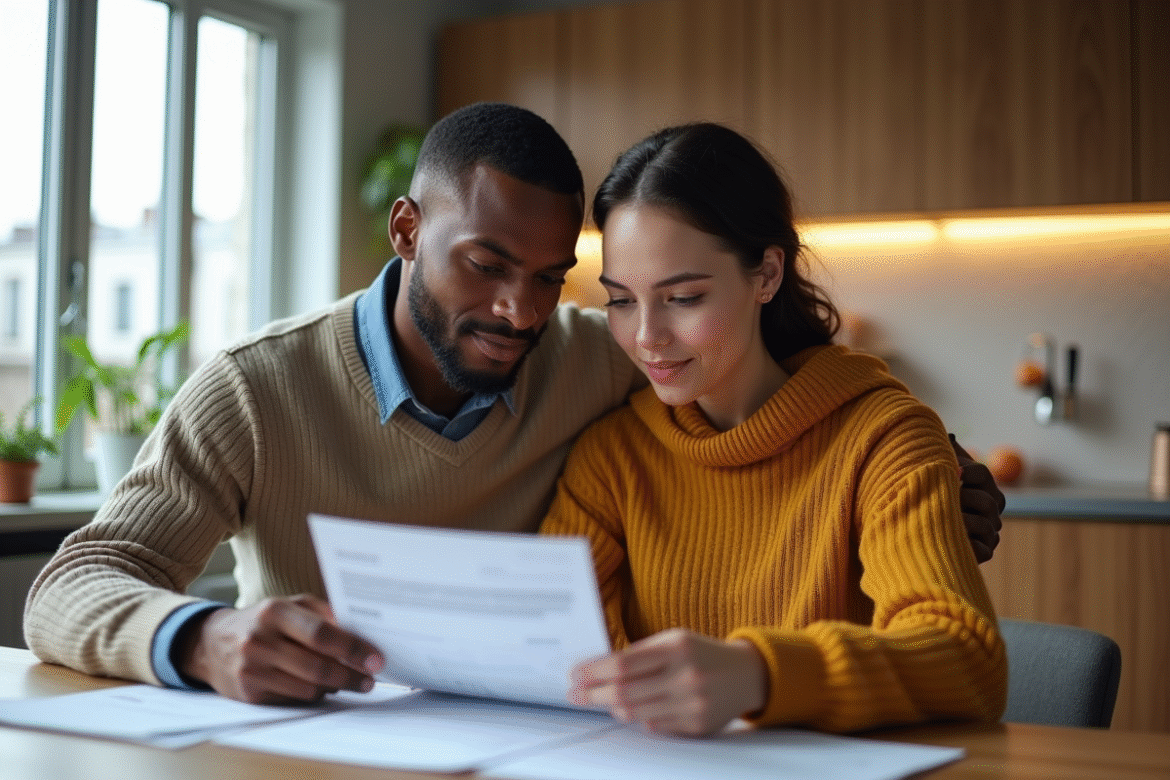 Jeune couple dans une cuisine moderne examinant des documents immobiliers