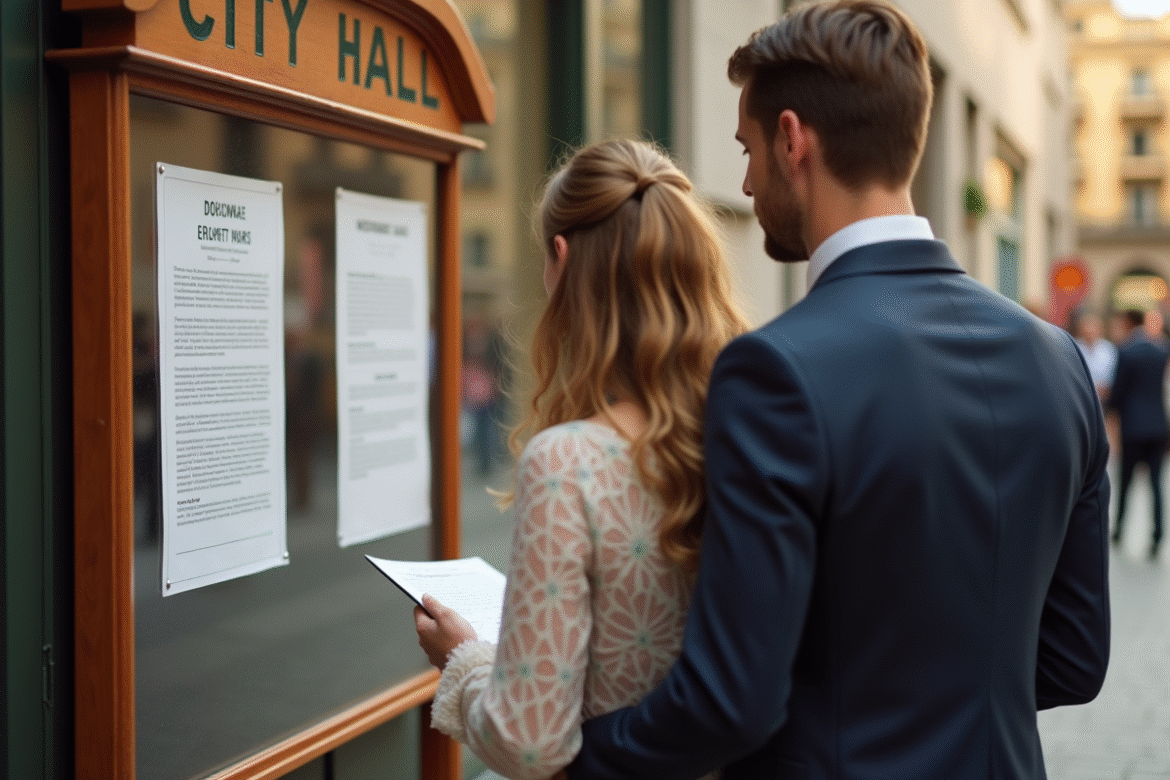 Couple devant la mairie lisant l'annonce de mariage