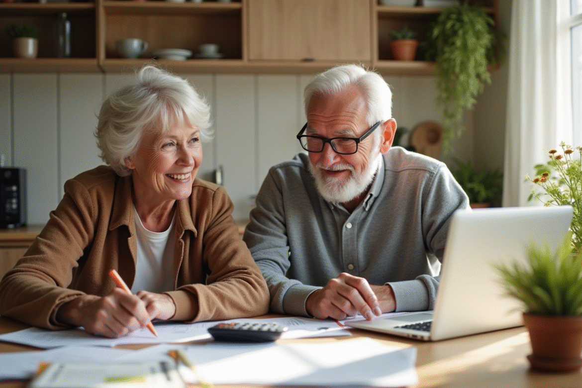Couple retraités souriant planifiant leurs finances à la maison