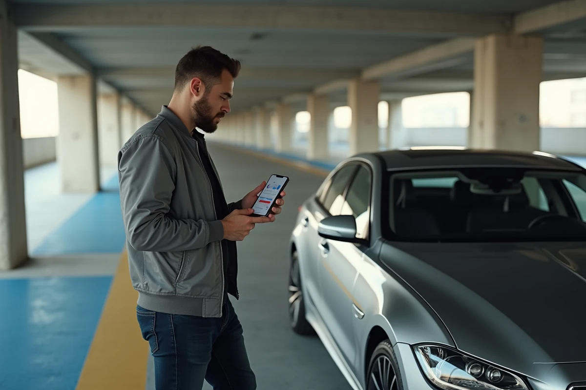 Créateur de contenu automobile consultant ses revenus YouTube à côté d'une berline moderne dans un parking urbain