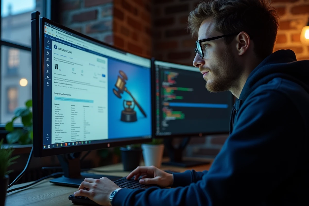 Créateur de contenu masculin analysant des documents de confidentialité sur un bureau multi-écrans pour protéger son contenu numérique