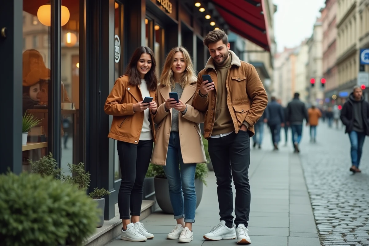 Groupe de jeunes créateurs de contenu filmant devant un café tendance dans une rue pavée urbaine