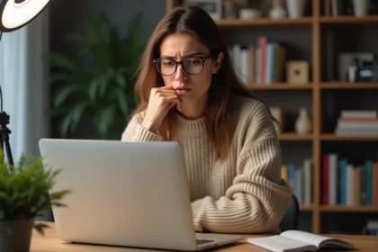 Créatrice de contenu inquiète devant son ordinateur portable dans un studio maison, illustrant la protection contre les fuites de contenu en ligne