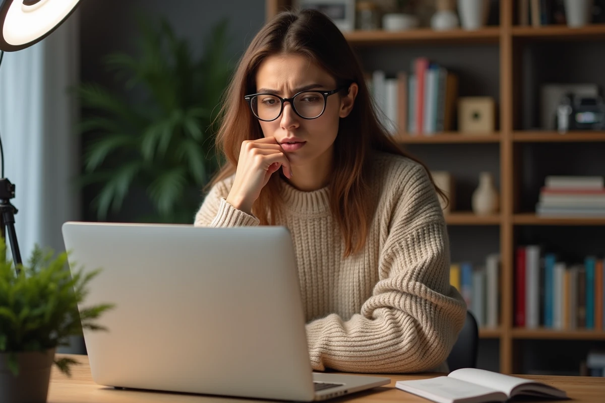 Créatrice de contenu inquiète devant son ordinateur portable dans un studio maison, illustrant la protection contre les fuites de contenu en ligne