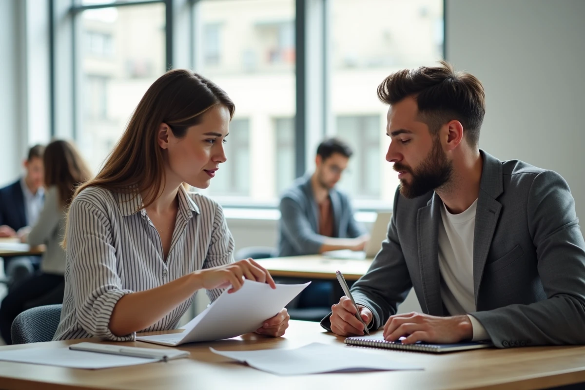 Deux créateurs de contenu discutant de stratégies de protection juridique contre les fuites de contenu dans un espace de coworking