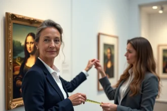 Curatrice mesurant une reproduction de la Joconde dans un musée, illustrant la taille réelle du tableau