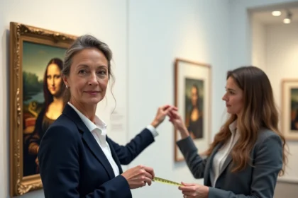 Curatrice mesurant une reproduction de la Joconde dans un musée, illustrant la taille réelle du tableau