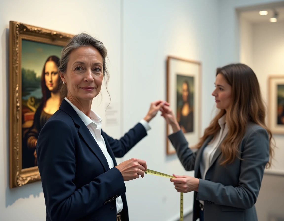 Curatrice mesurant une reproduction de la Joconde dans un musée, illustrant la taille réelle du tableau
