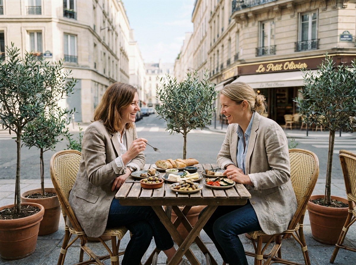 Deux collègues partageant des plats à partager en terrasse lors d'une pause déjeuner d'équipe à Paris