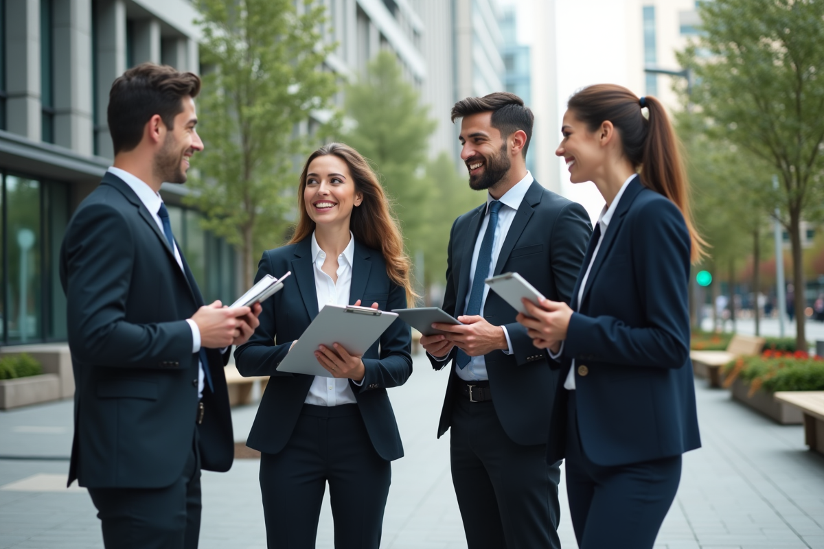 Jeunes professionnels discutant dans une place urbaine verte