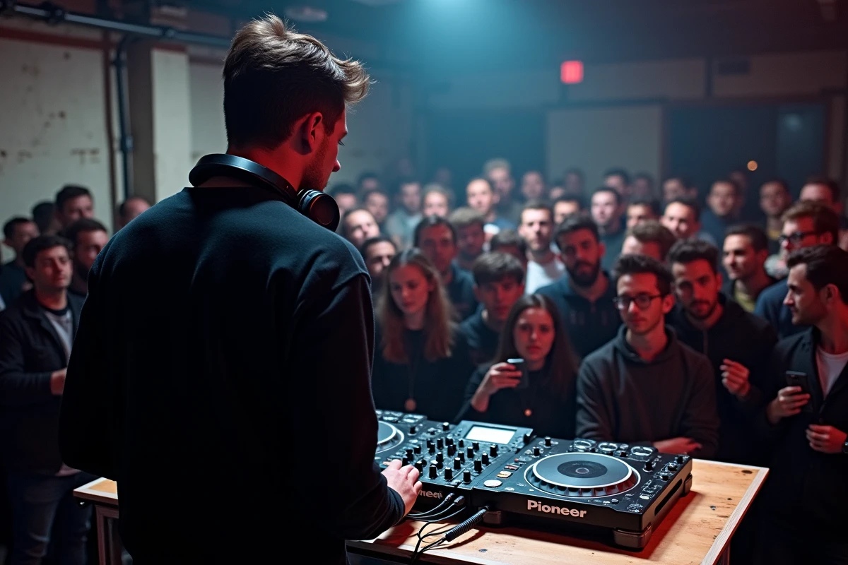 DJ en performance dans une petite salle techno underground à Paris avec crowd authentique et matériel sobre