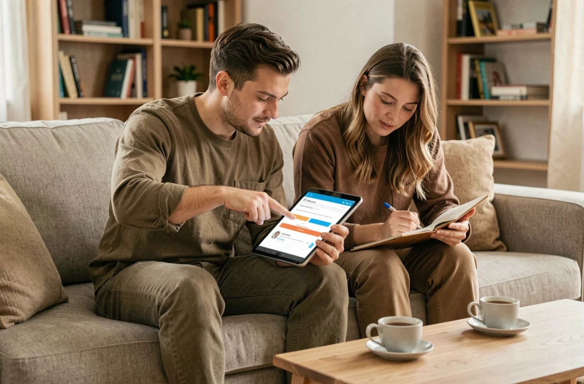 Deux personnes consultant ensemble le centre d'aide le Bon Coin sur une tablette dans un salon