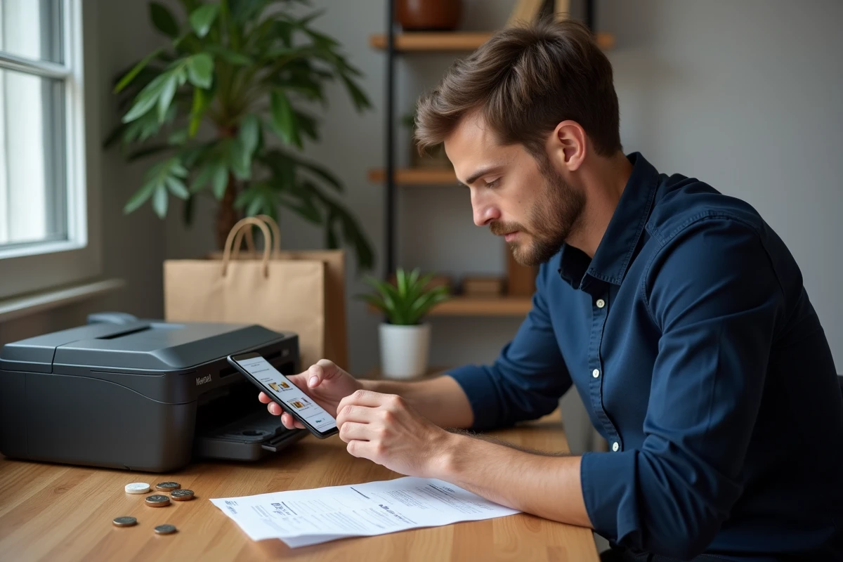 Homme installant une cartouche compatible dans son imprimante à domicile en Espagne, avec reçu et comparaison de prix sur smartphone