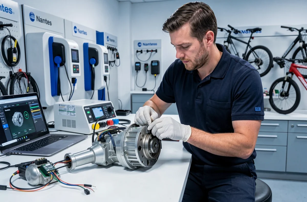 Technicien d'ECOX Nantes réparant le moteur d'un vélo électrique avec équipement de diagnostic dans un atelier spécialisé