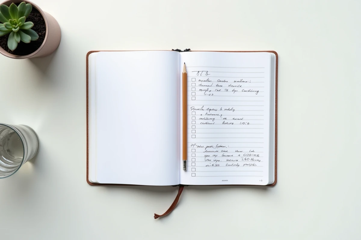 Livre personnel imprimé ouvert posé à côté d'un carnet de budget et d'un planning de projet sur une table blanche, vue de dessus en style flat lay