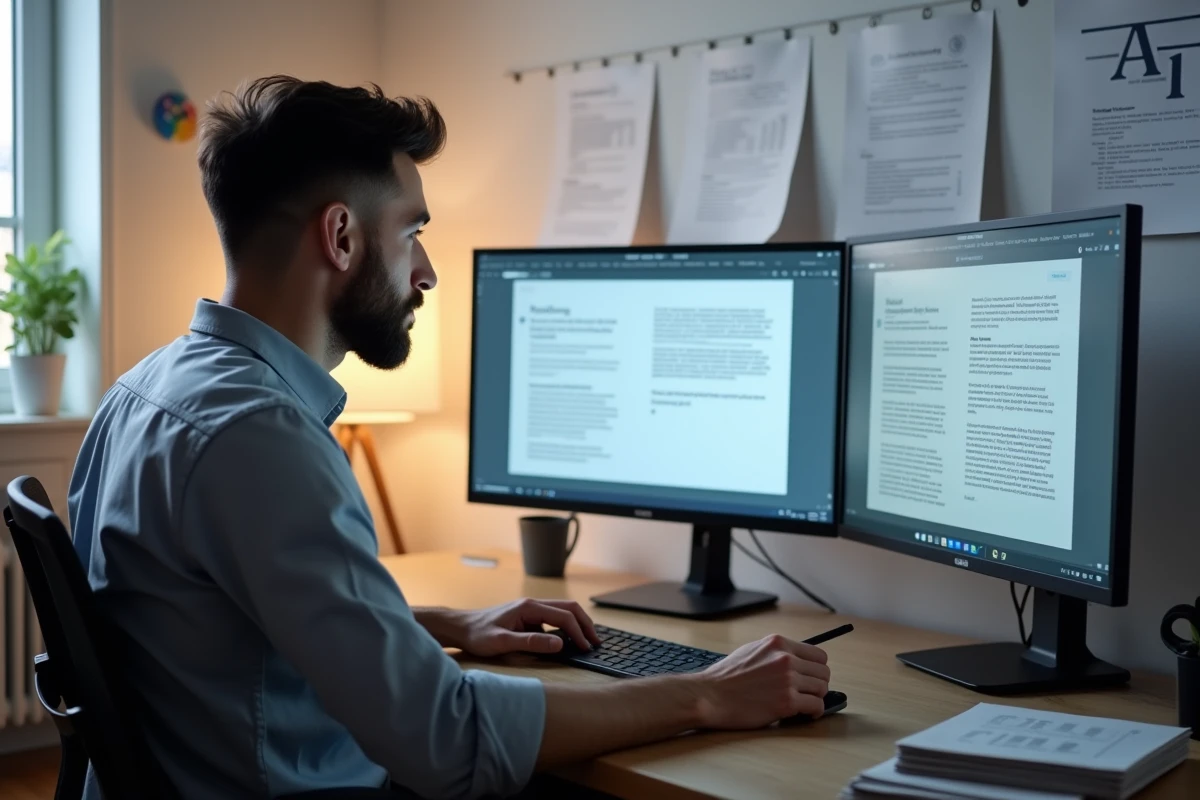 Homme travaillant sur la mise en page d'un livre personnel sur un ordinateur avec deux écrans, avec un planning budgétaire affiché au mur dans un studio minimaliste