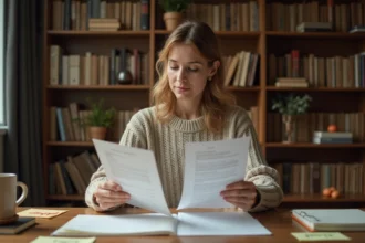Femme relisant les pages imprimées de son manuscrit personnel sur un bureau en bois, entourée de notes et de livres, dans un bureau à domicile chaleureux