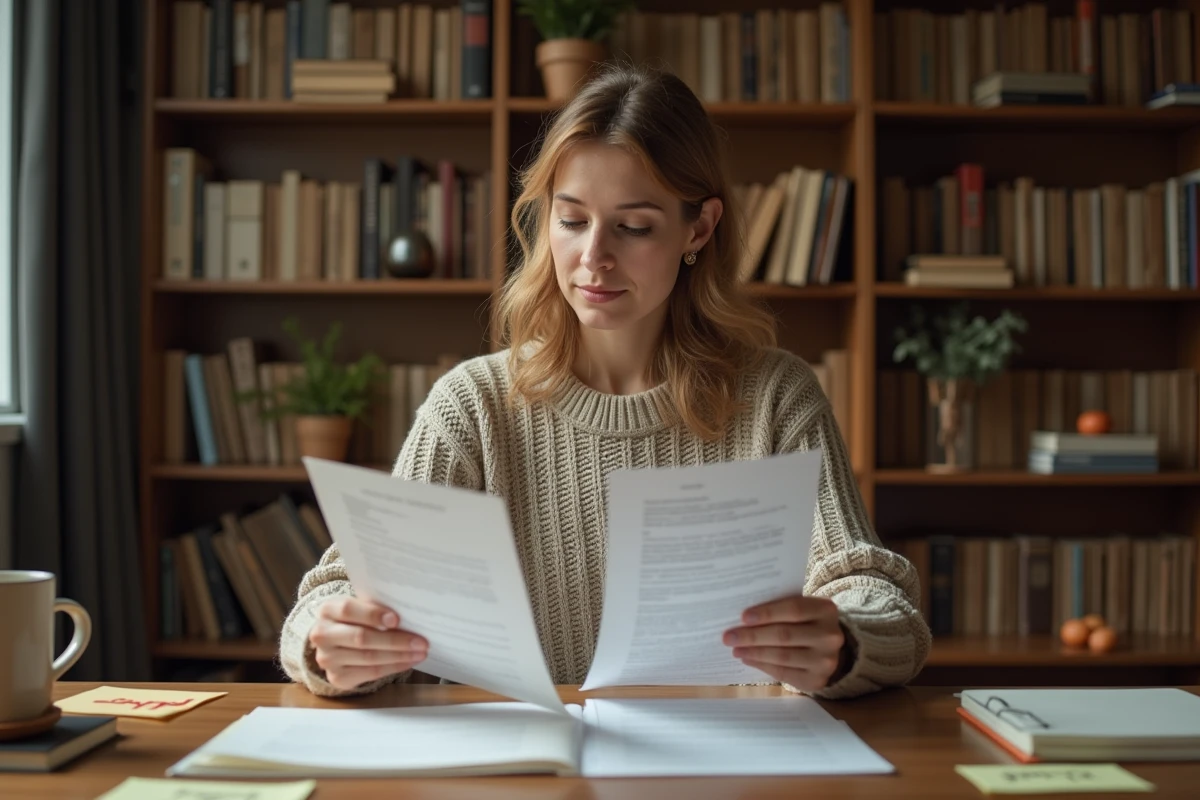 Femme relisant les pages imprimées de son manuscrit personnel sur un bureau en bois, entourée de notes et de livres, dans un bureau à domicile chaleureux