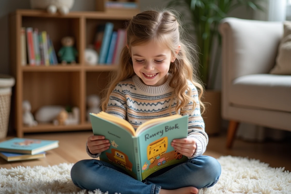 Jeune fille souriante lit un livre pour enfants à la maison