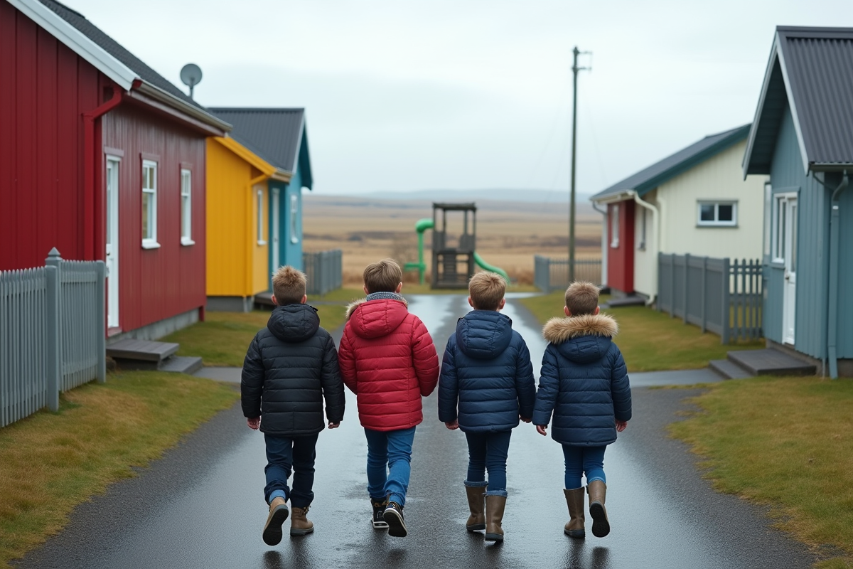 Enfants islandais marchant dans une rue calme