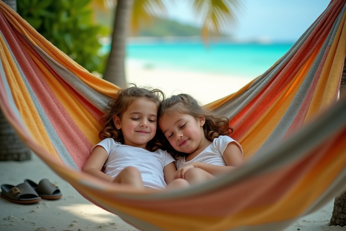 Enfants fatigués par le décalage horaire faisant une sieste dans un hamac en Martinique